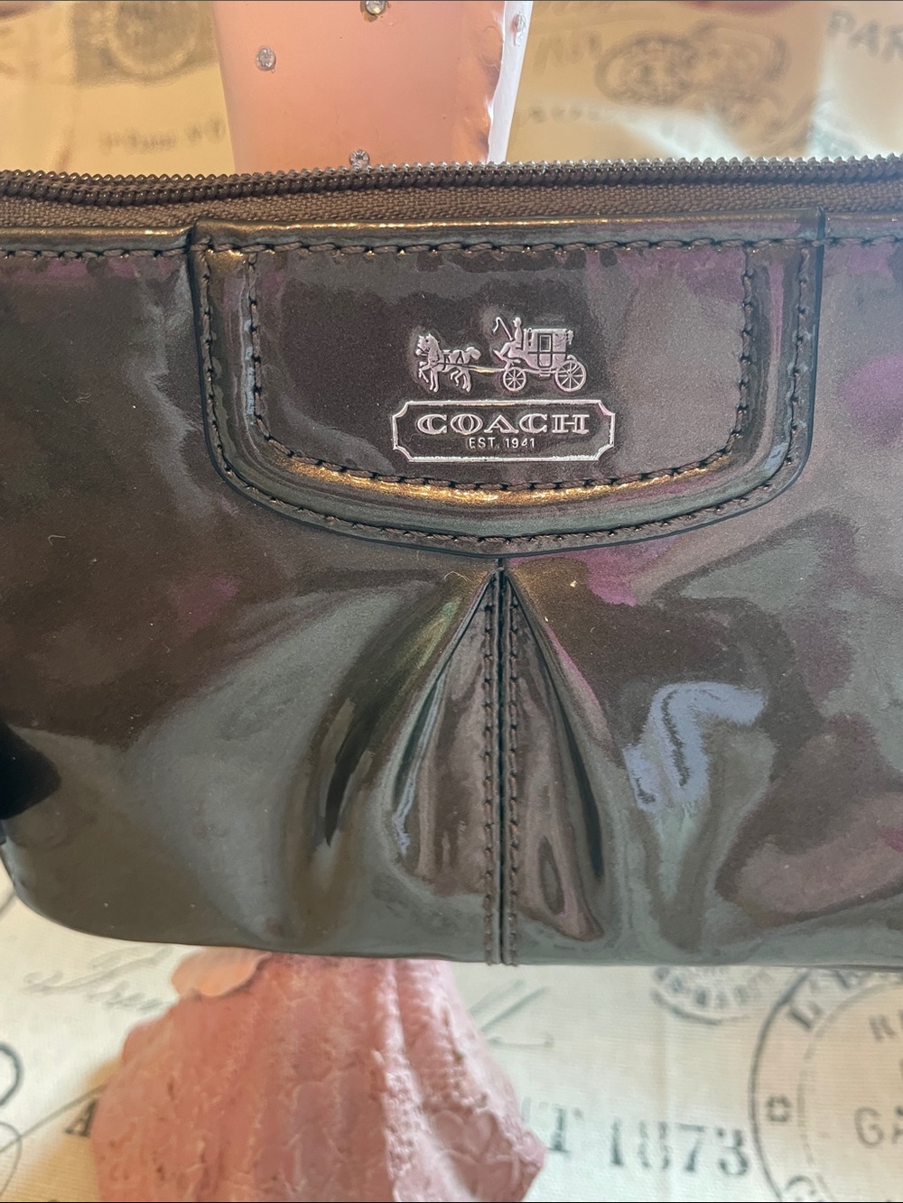 Coach Patent Mini Madison Wristlet Bag in Bronze and Hardware is Gun metal - Picture 3 of 16